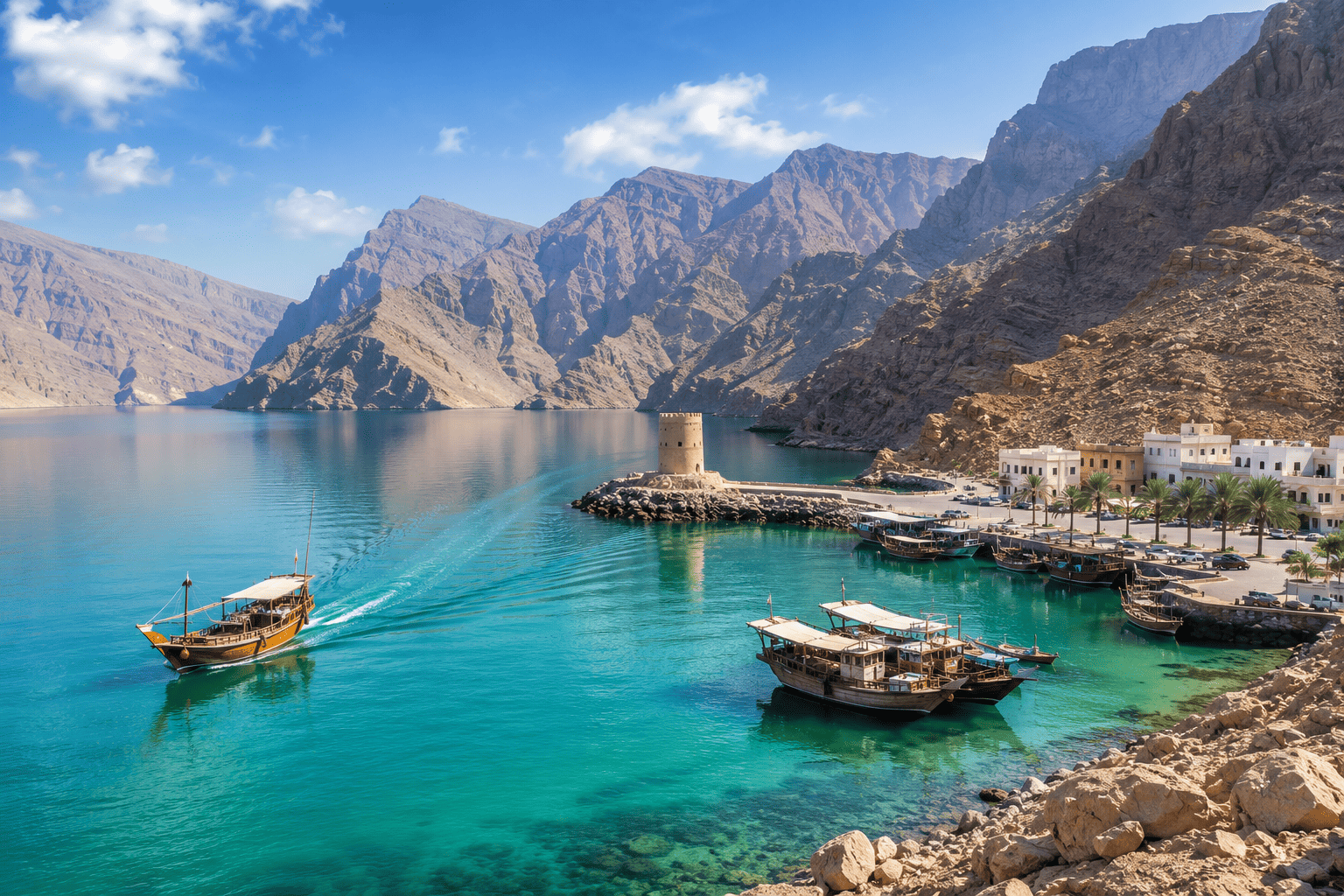 Traditional dhow sailing through Musandam fjords